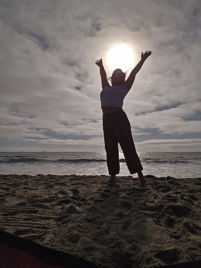 person standing on sand on beach in front of sun