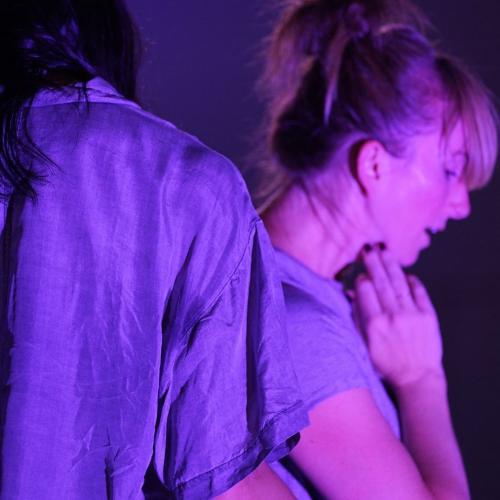 an image of two dancers cast in intimate pink lighting in close contact with each other. one is facing the back and the other is profiled with two fingers on their neck.