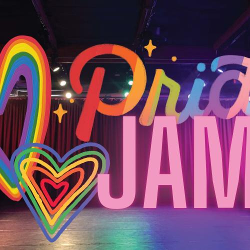 Colorful lights on a black space with rainbow hearts and text spelling "Pride Jam"