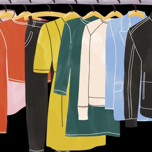 multi color drawings of garments hanging on a rack against a black background