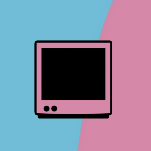 a split blue and pink background with a pink cartoon image of a computer desktop with a black screen