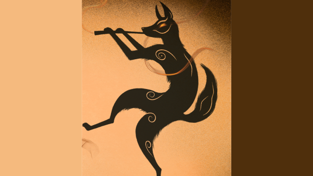 an image of a black wolf playing the flute