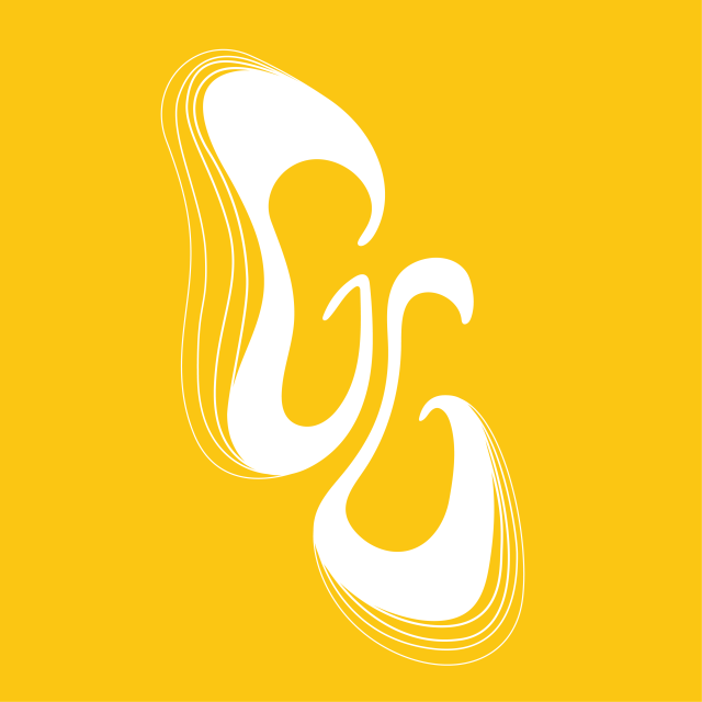 a yellow logo, with two white G letters next to each other in a swirly, groovy font