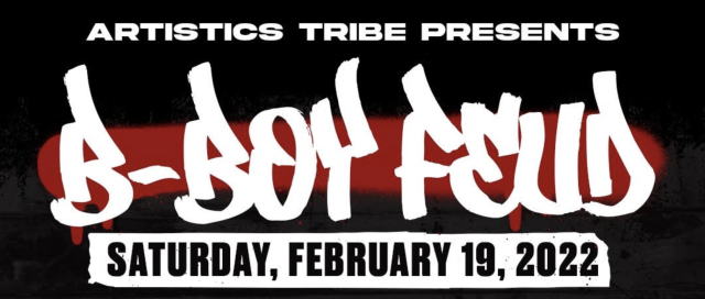 infographic "b-boy feud" in graffiti type font in red, white and black fonts