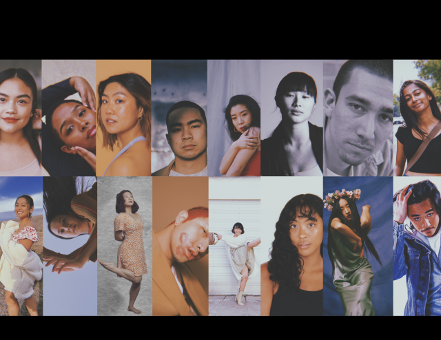 a collage of various aapi artists against a black background and the stomping ground footprints in a burnt orange hue