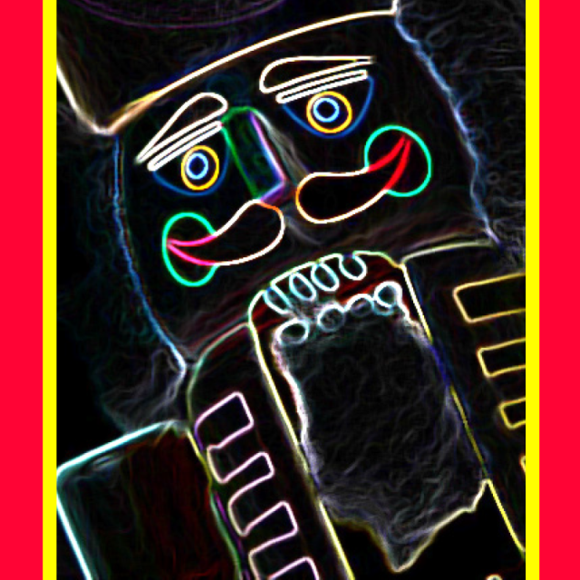 Cartoon drawing of nutcracker face in neon colors against a black background with red and yellow stripes on either side