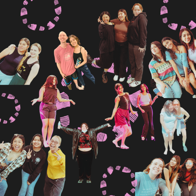 multiple images of people hugging and smiling against a black backdrop with circles of pink footprints