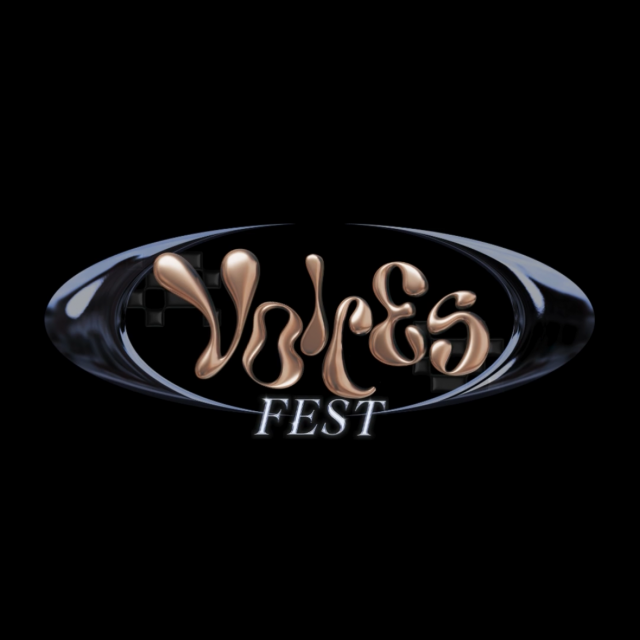 voices logo with text in a deep golden color and a black background