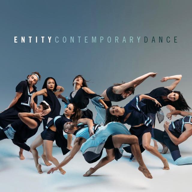 Entity Contemporary Dance Company members posing with logo on top