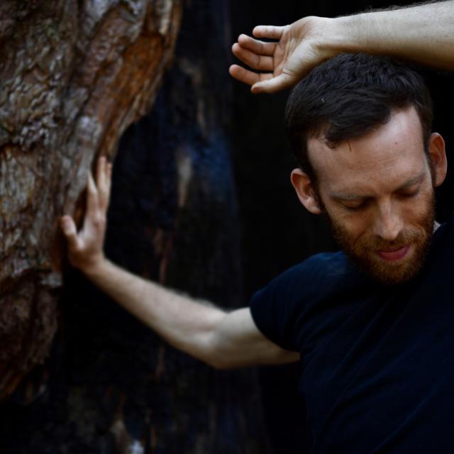 photo of ezra with hands against a tree and focus looking towards the lower corner