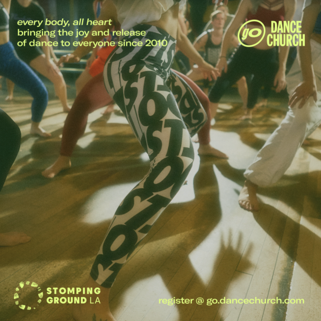 an image of a dancers legs surrounded by other movers with dance church text surrounding it promoting the class
