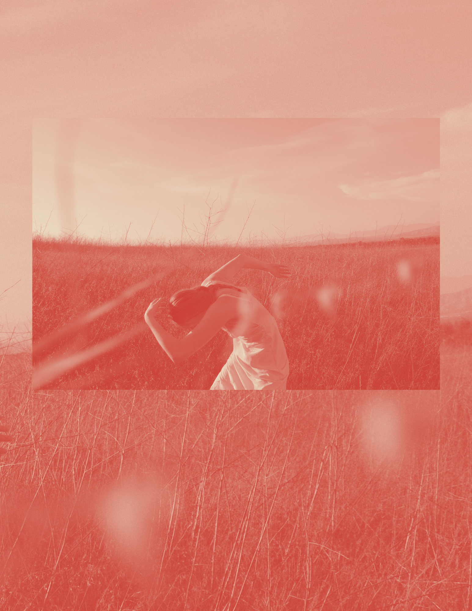 Dancer curving body forwards with arms reaching by their face in a field with red tint over the picture