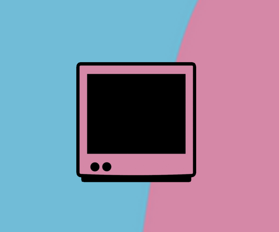 a split blue and pink background with a pink cartoon image of a computer desktop with a black screen