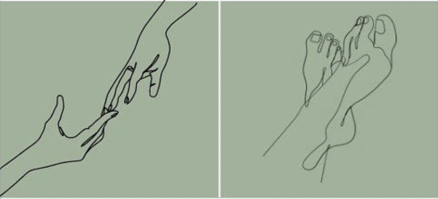 images of drawn hands and feet connecting in black outline against a sage green background