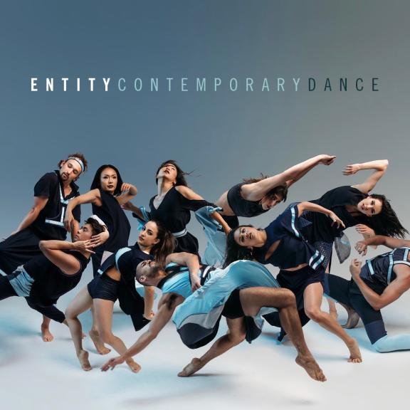 Entity Contemporary Dance Company members posing with logo on top